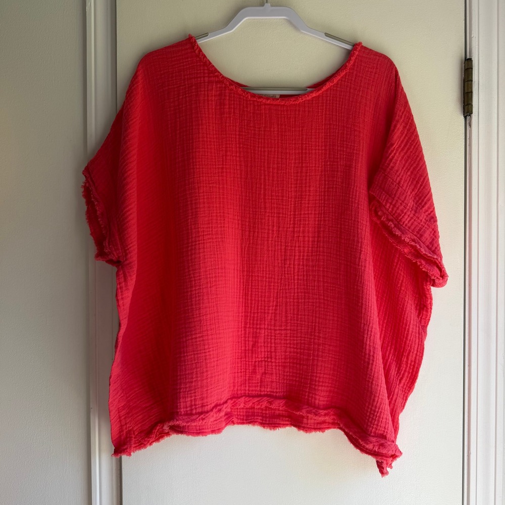 Eileen Fisher Organic Cotton Double Gauze Boxy Top Coral Red Plus Size 3X